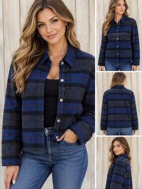 Vintage  Wool Blend Shacket Sz 12 Blue Grey Red Tartan Flannel